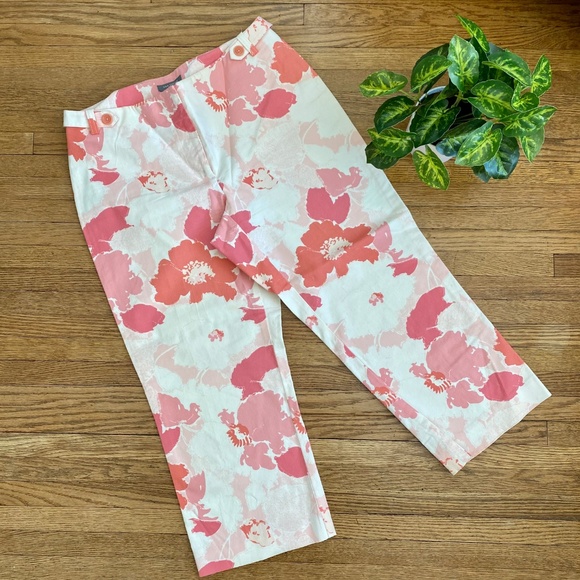 Ann Taylor Petites Wide Leg Cotton Ivory & Coral Floral  Print Cropped Pants 6P - Picture 2 of 8